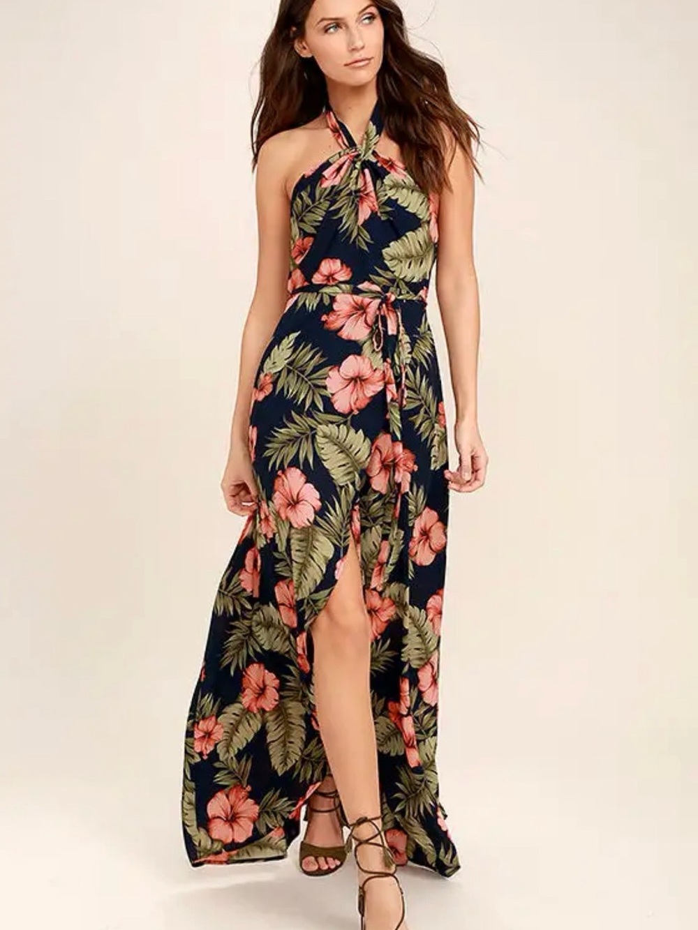 Lulus Halter Neck Navy Floral Maxi Dress with Side Slit, Size S